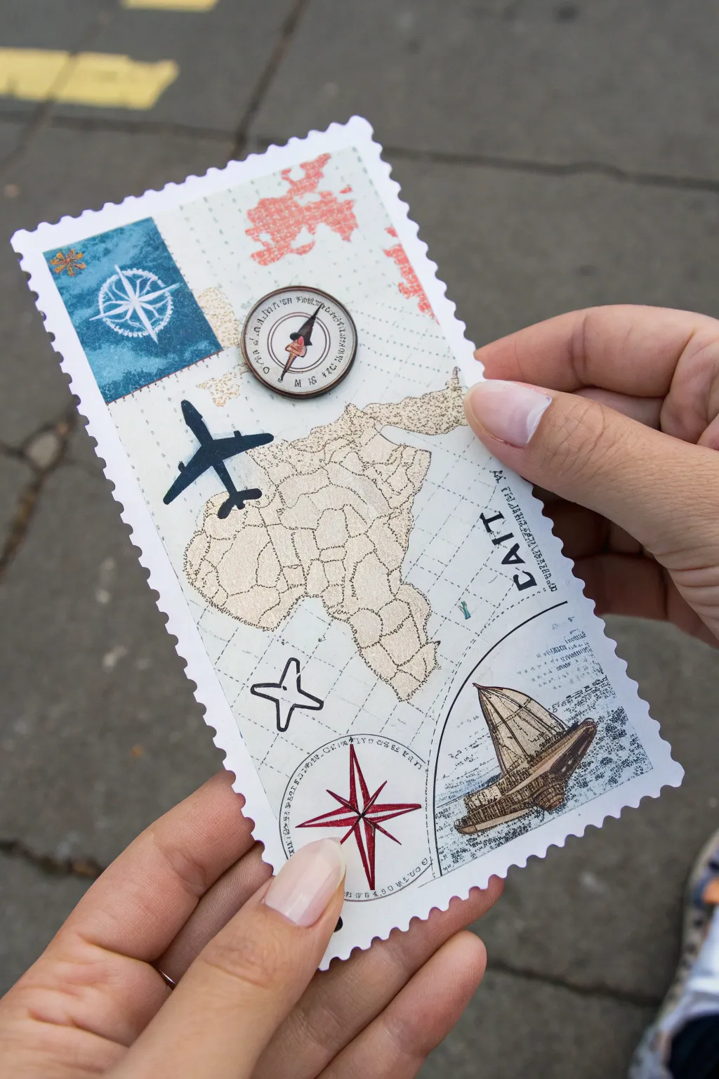 Mini map travel collage ATC in bold boho hues, minimalist vibes for your next swap.