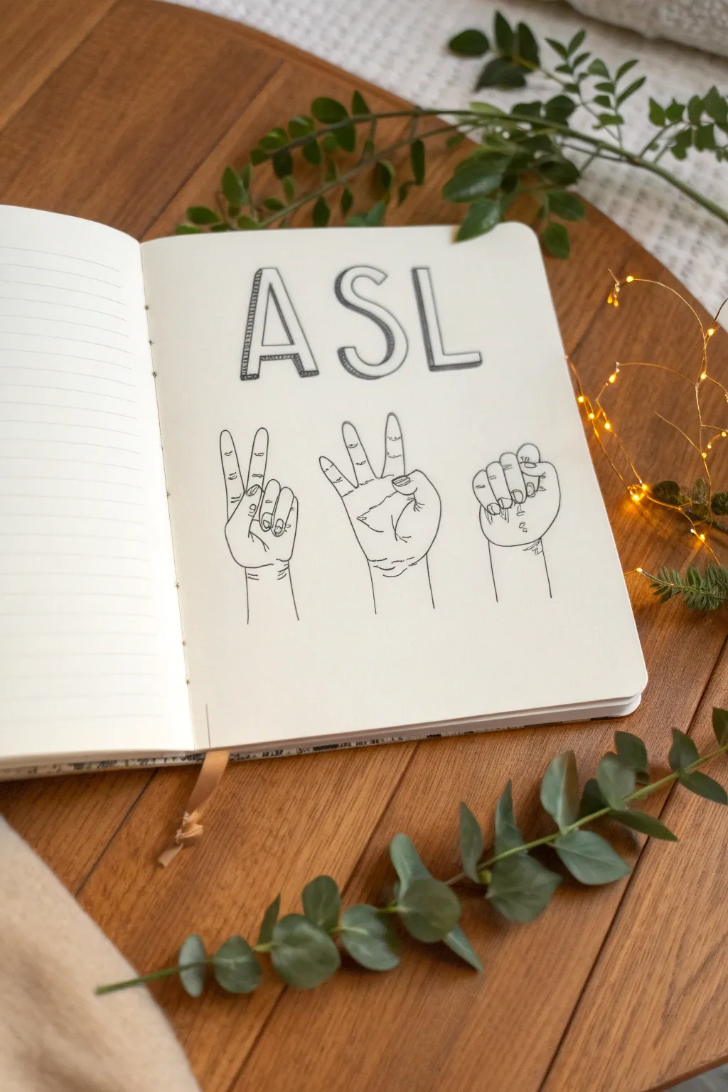 ASL fingerspelling sketch with delicate vines, minimalist Scandinavian vibe and bold boho color