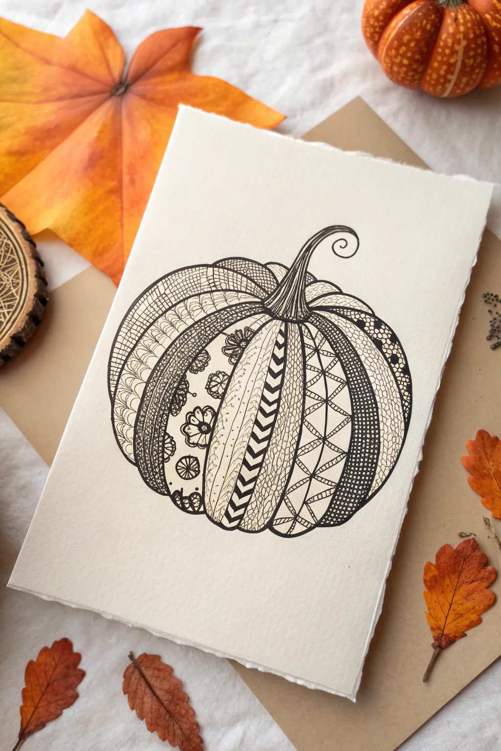 Minimalist autumn zentangle pumpkin in bold orange and black, perfect for cozy craft inspo.