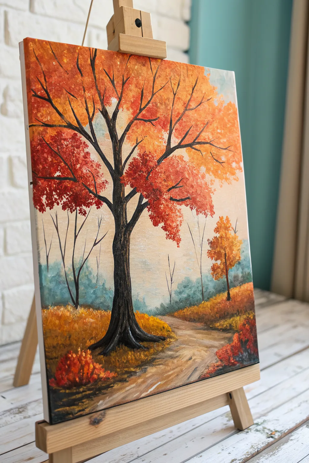 Chunky impasto leaves and bold autumn colors make this textured foliage painting pop.