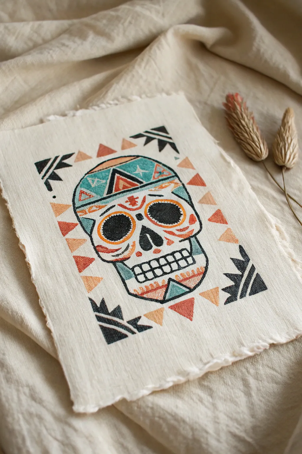 Aztec skull symbol study in bold turquoise and terracotta, minimalist and easy to recreate