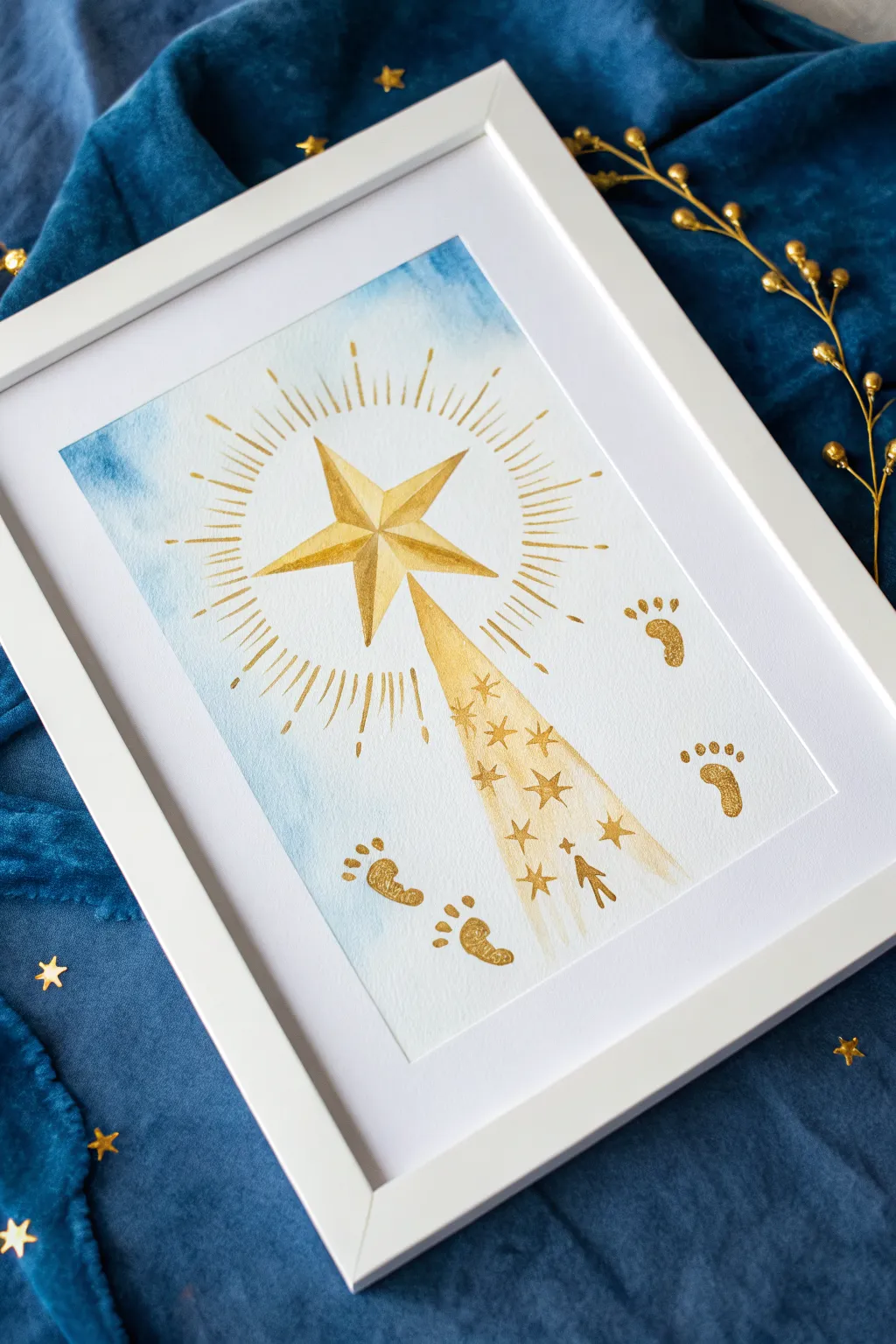 Midnight-blue nativity star with a glowing halo of golden baby thumbprints