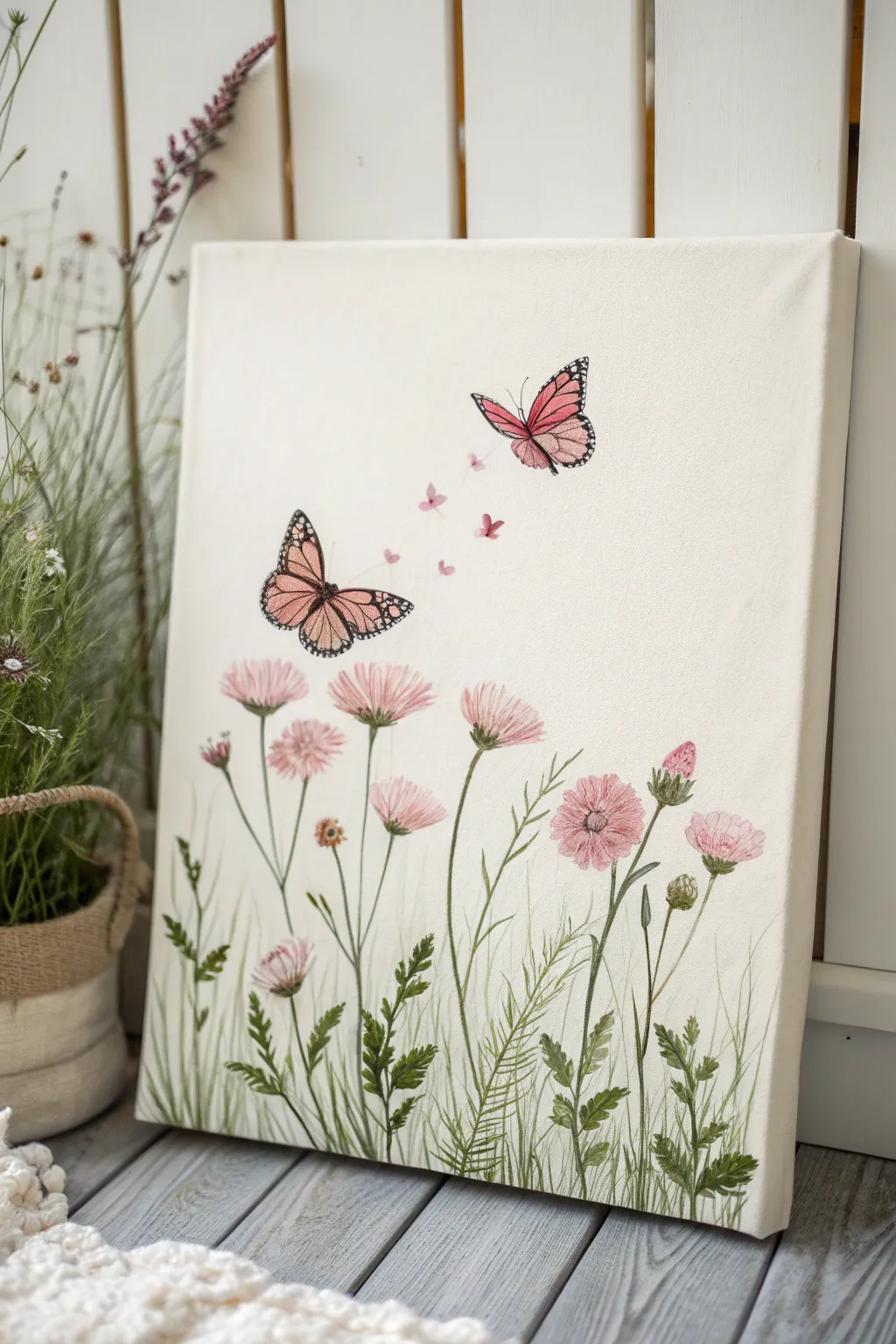 Butterfly garden canvas with soft pink florals and delicate butterflies for a calm baby girl nursery