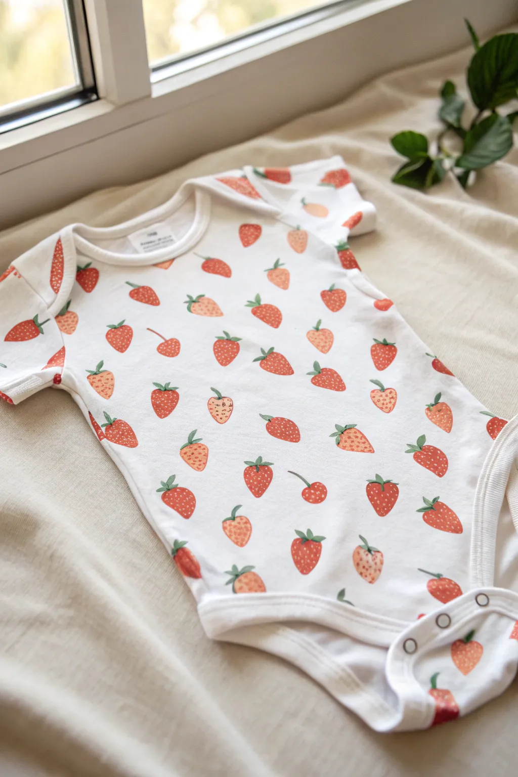 Stamped fruit pattern onesie: bold fabric paint, simple homemade stamp, clean minimalist boho look