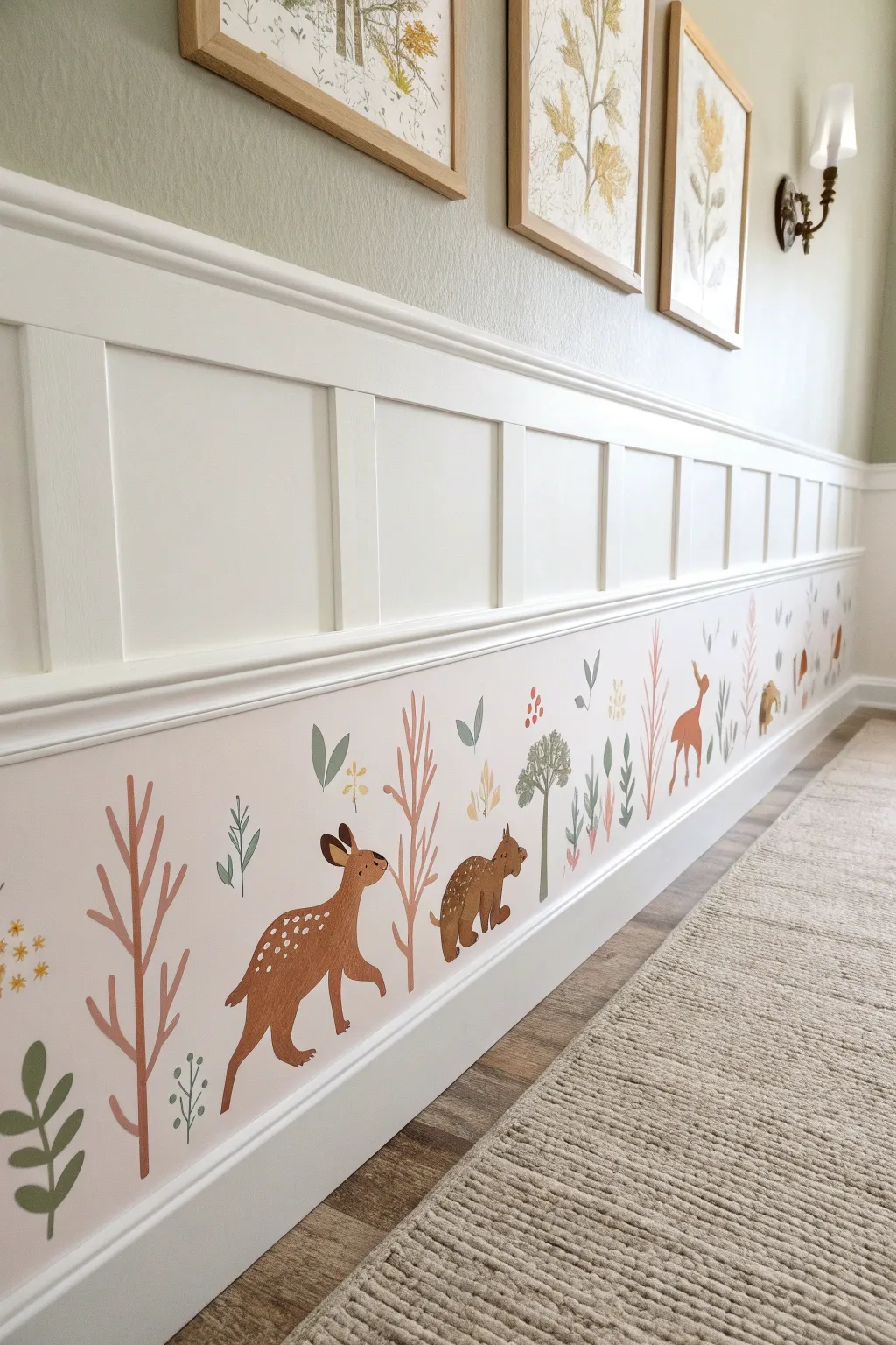 Sweet baby animal parade border for a calm nursery wall, minimal lines and matte color pops