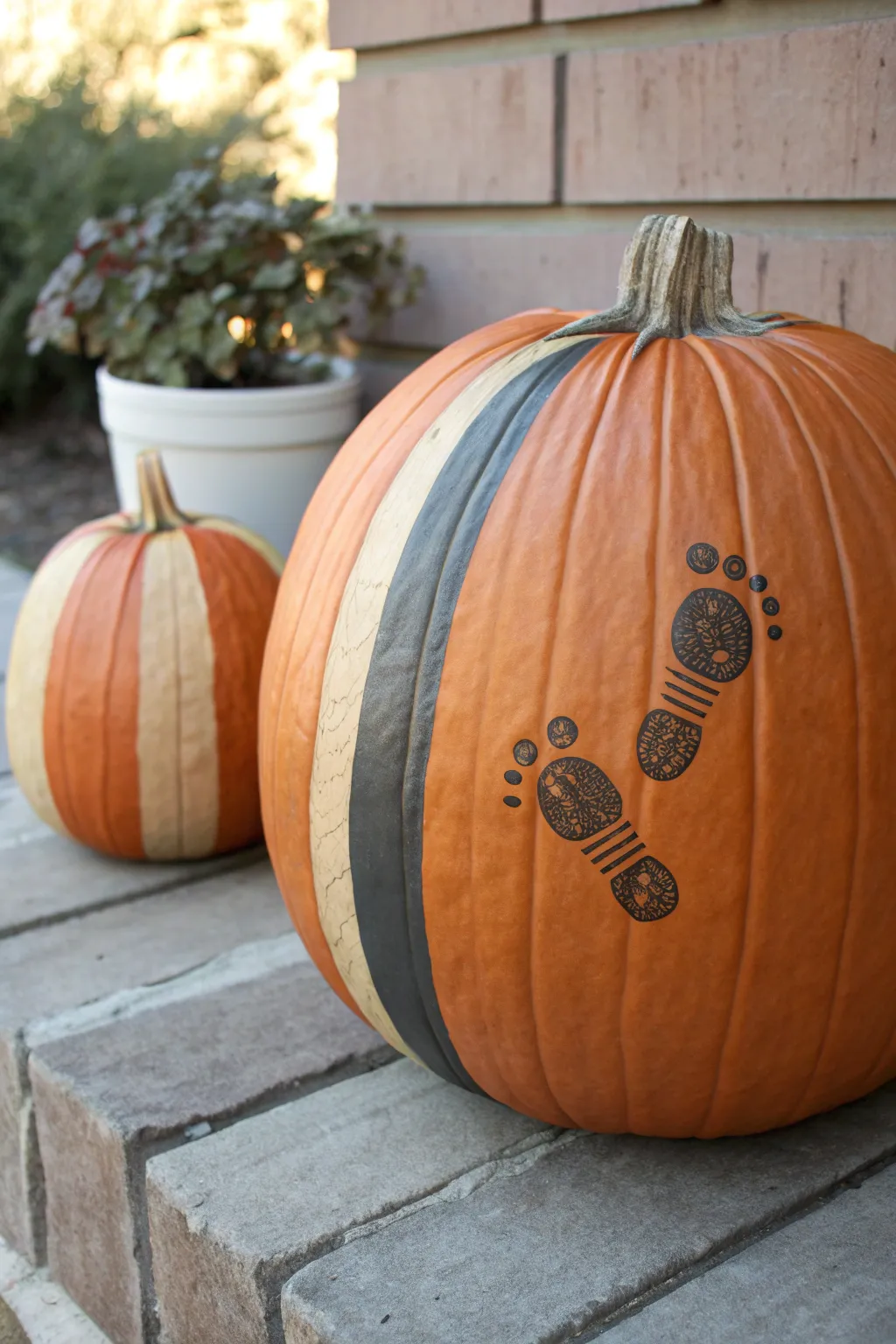 Tape-resist pumpkin stripes with a pristine baby footprint centerpiece, clean and modern.