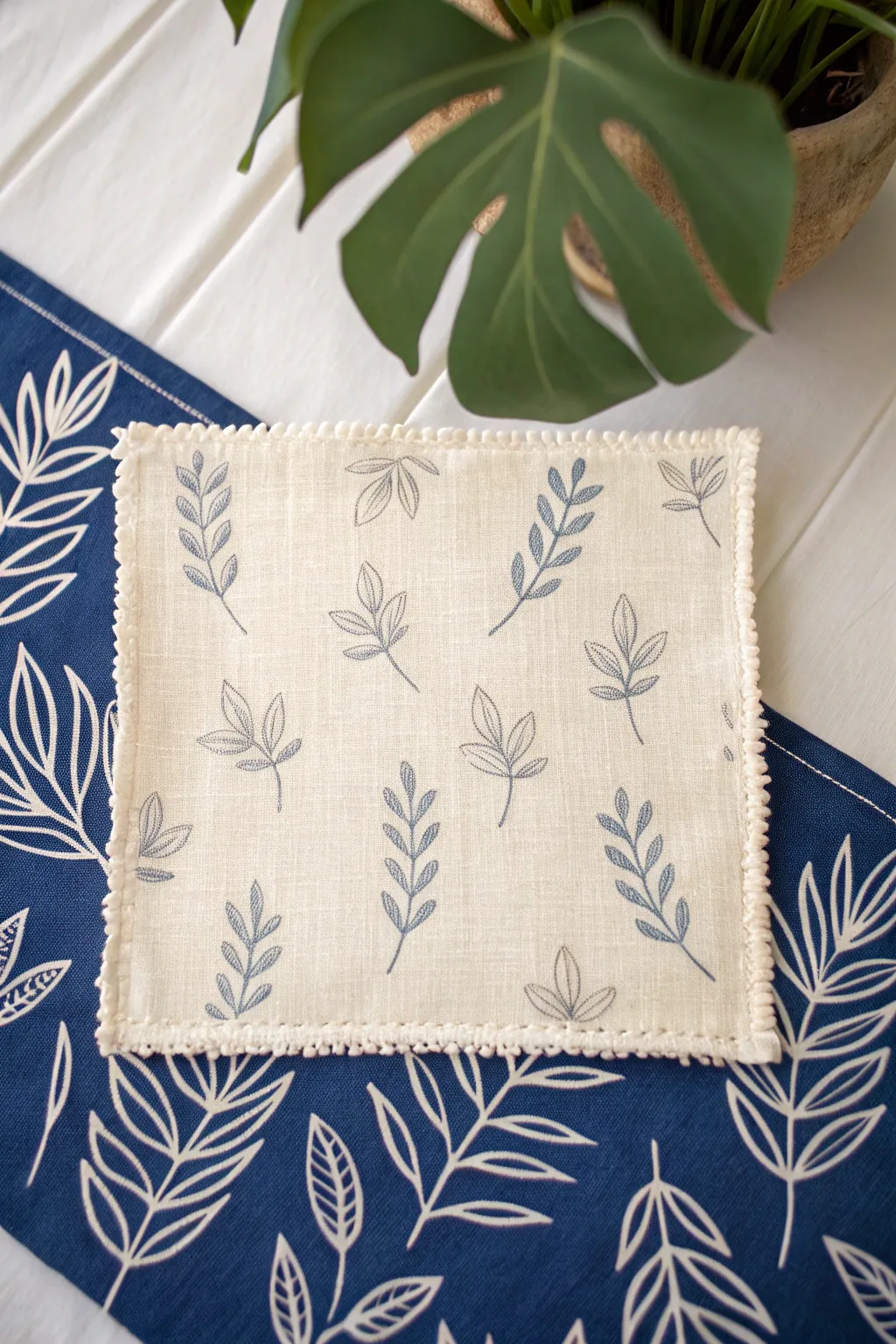 Layered silhouette motifs: soft shadow leaves behind a bold indigo botanical pattern.