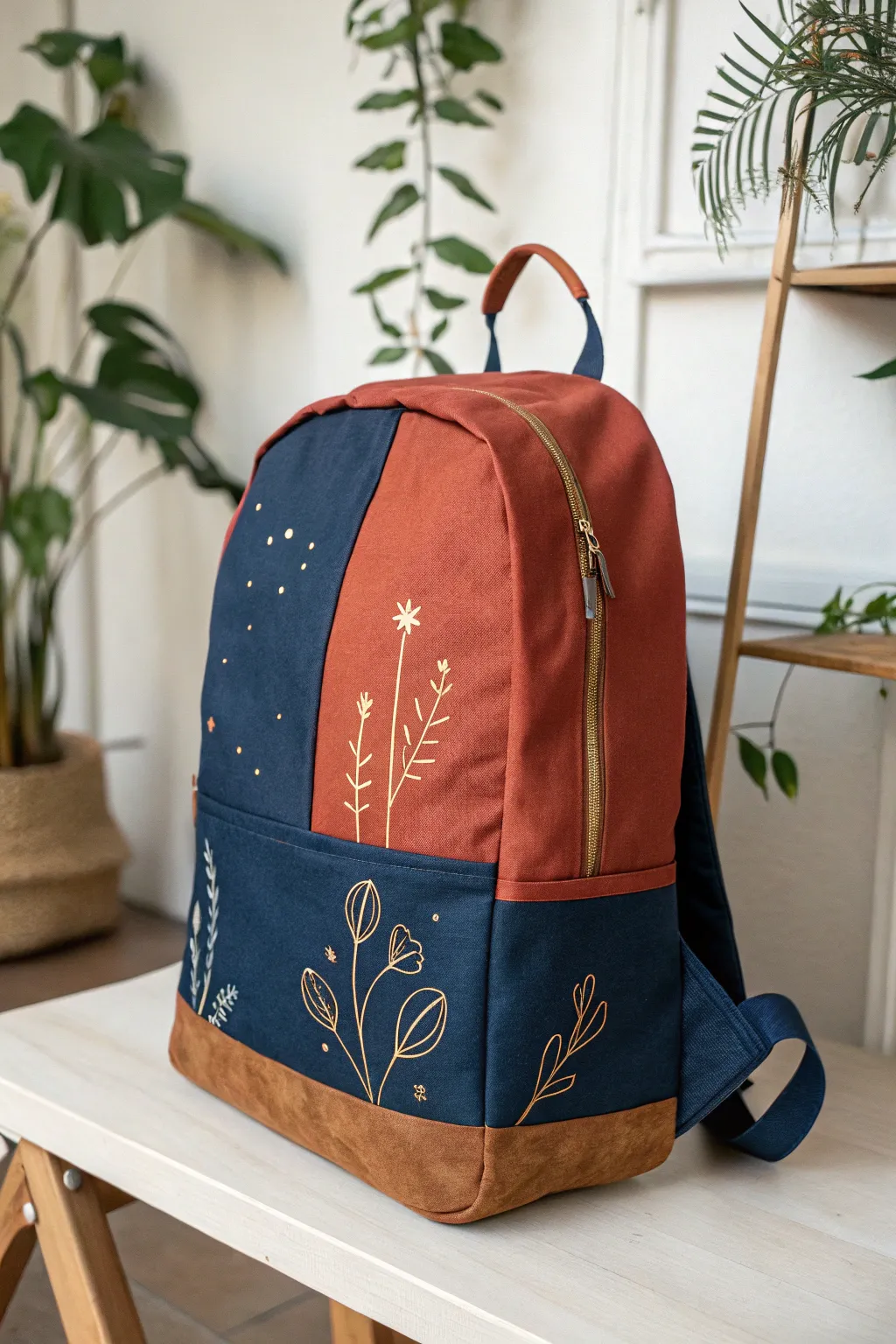 Matte color blocks plus metallic line art make a clean, modern boho backpack DIY.
