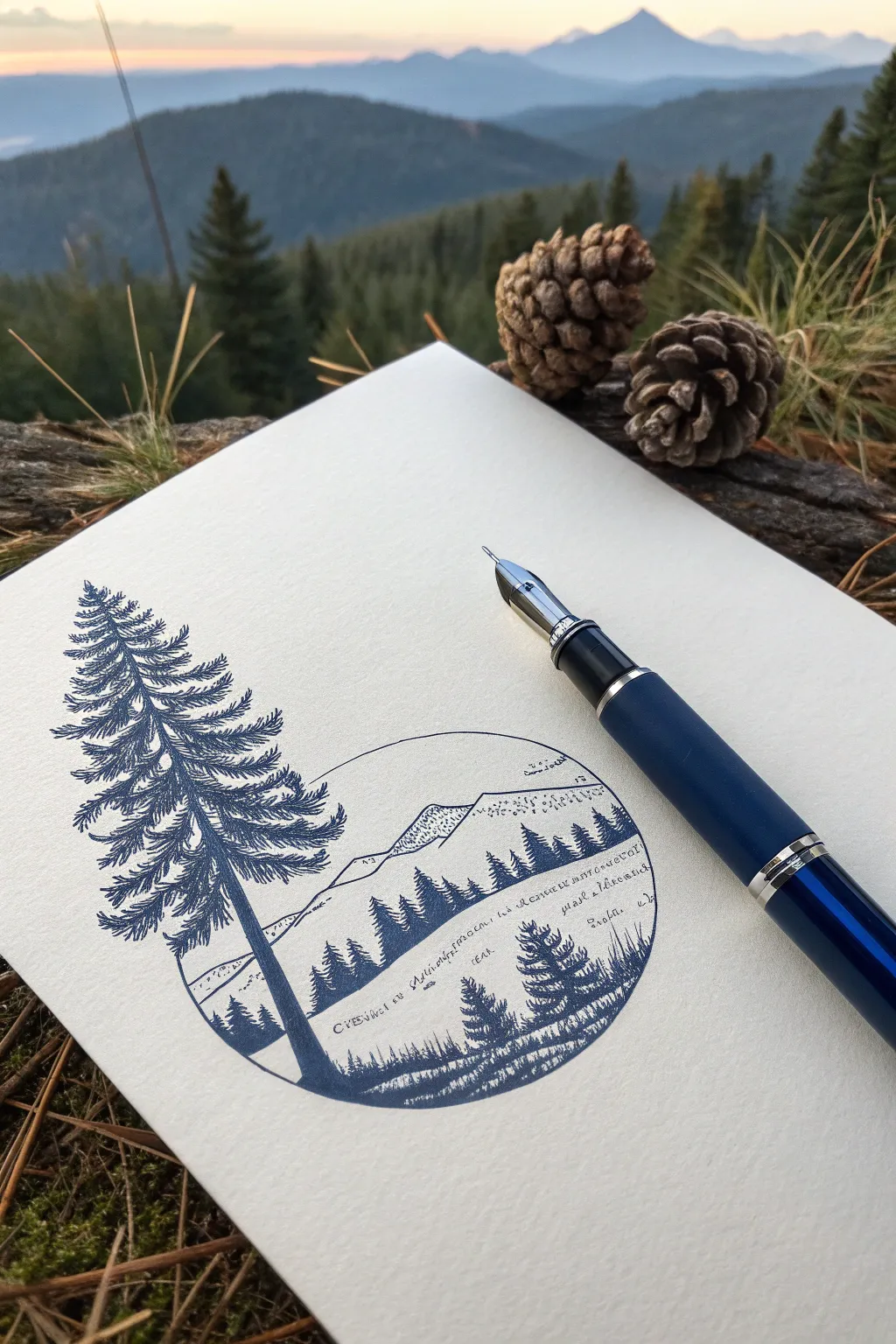 Minimalist ballpoint landscape tucked inside a simple silhouette, crisp contrast and craft detail