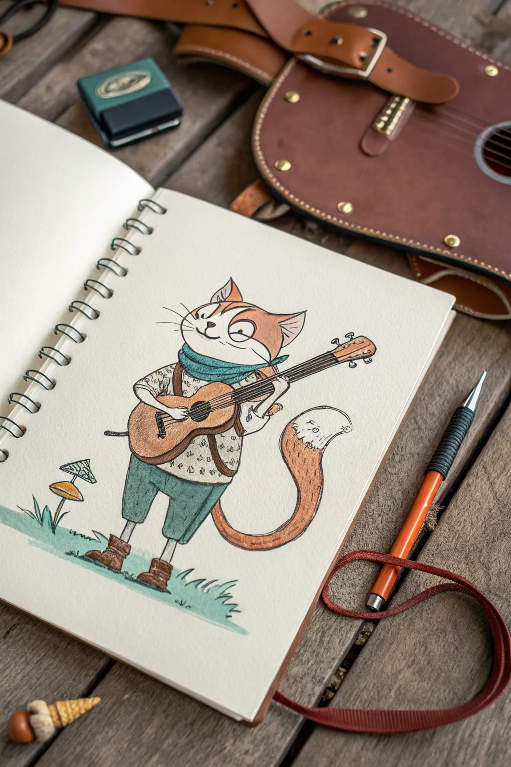 Hybrid instrument creature mascot sketch idea in minimalist Nordic-boho style with bold contrast