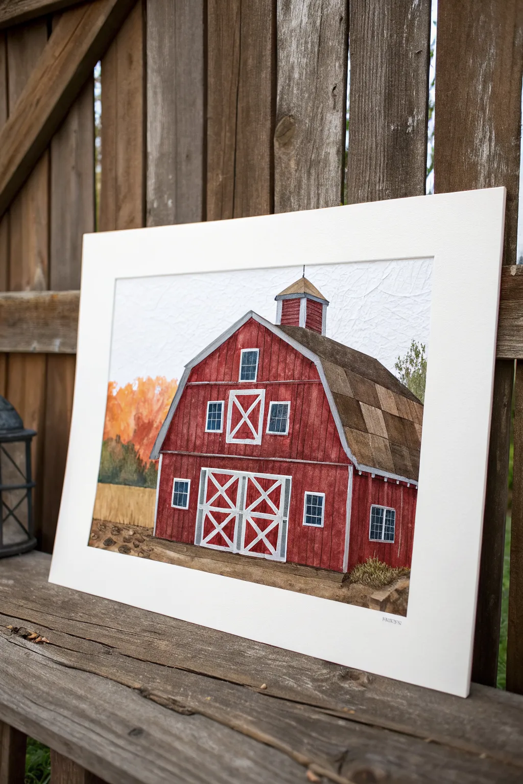 Mixed media barn painting with torn paper siding and bold shadows for cozy modern rustic charm