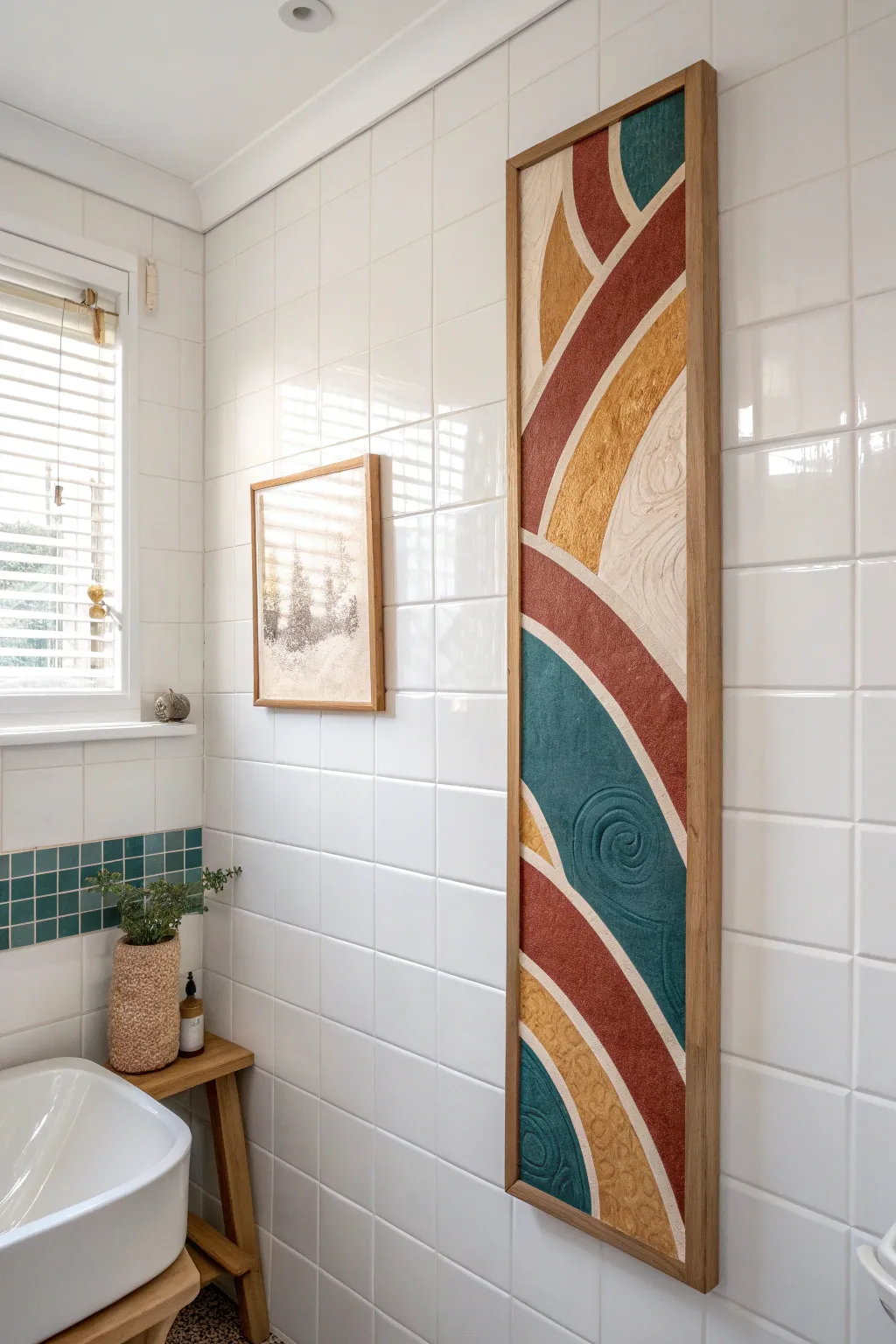 Ceiling-to-wainscot vertical art on tile adds bold color and height to a minimalist bathroom.