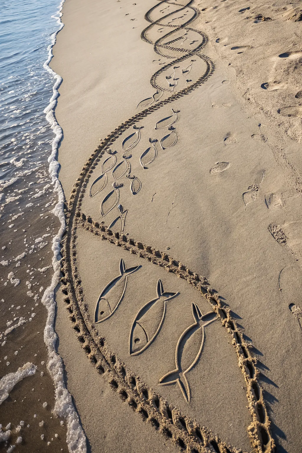 Negative space fish school in sand: clean minimalist lines, bold contrast, and a gentle ocean flow