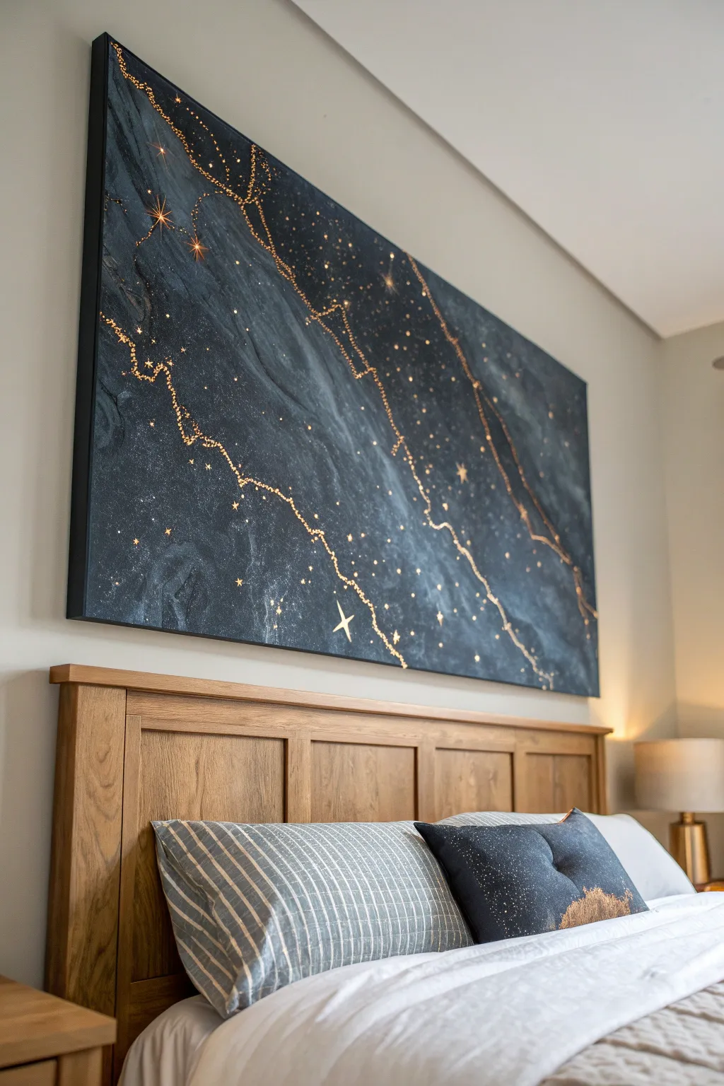 Dark canvas with metallic star-like accents glows softly in warm bedside light for a dreamy night mood
