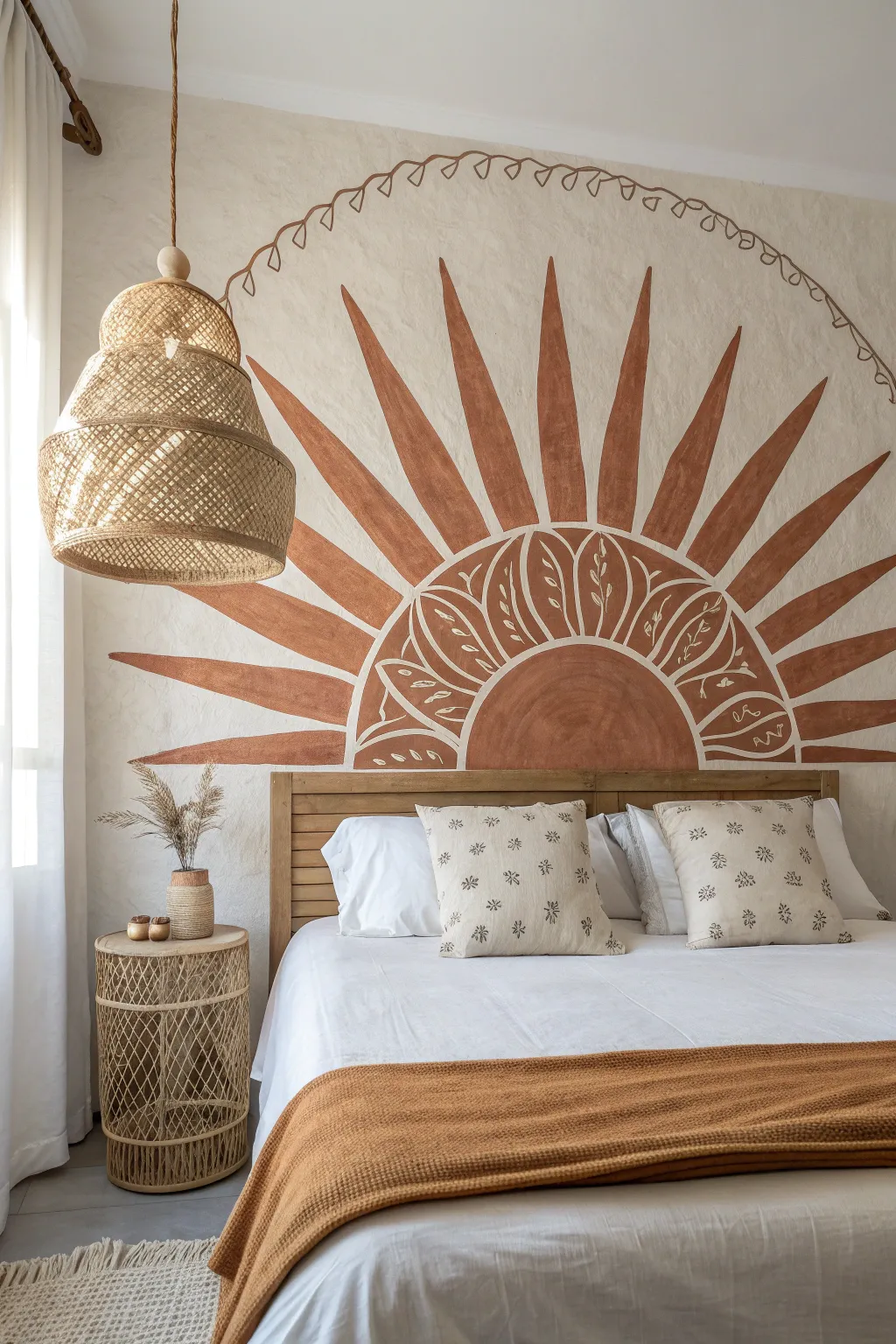 Minimalist half-sun mural behind the bed for a warm, bold focal point with calm Scandi vibes