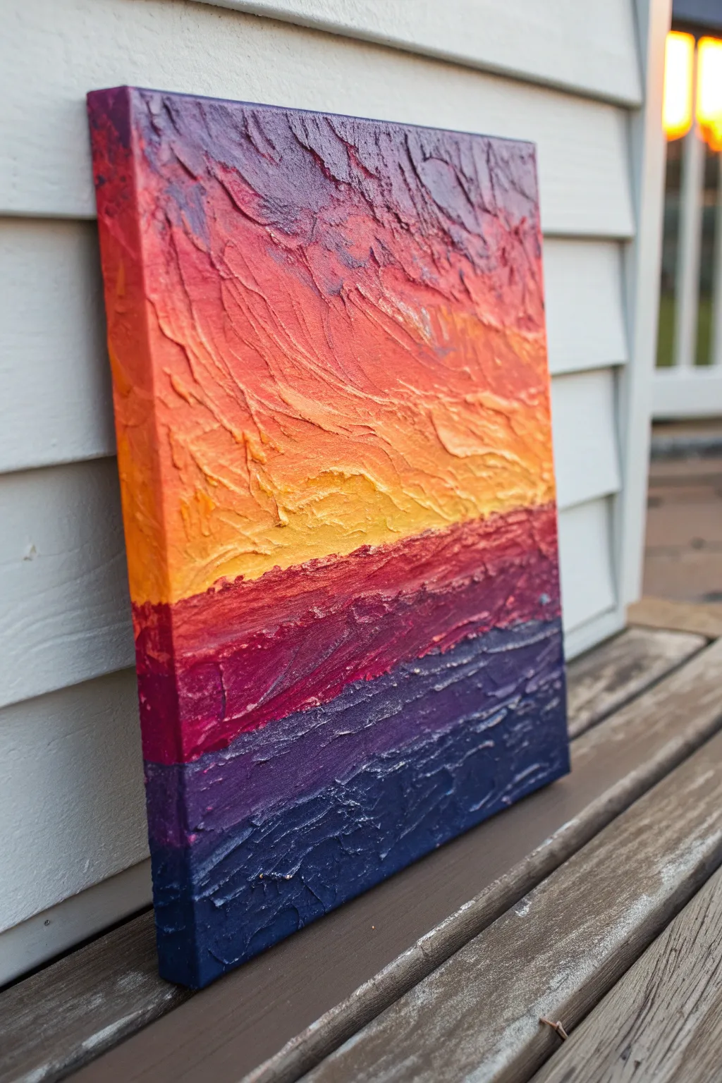 Bold palette-knife sunset texture in warm-to-purple fades, perfect for beginner acrylic practice