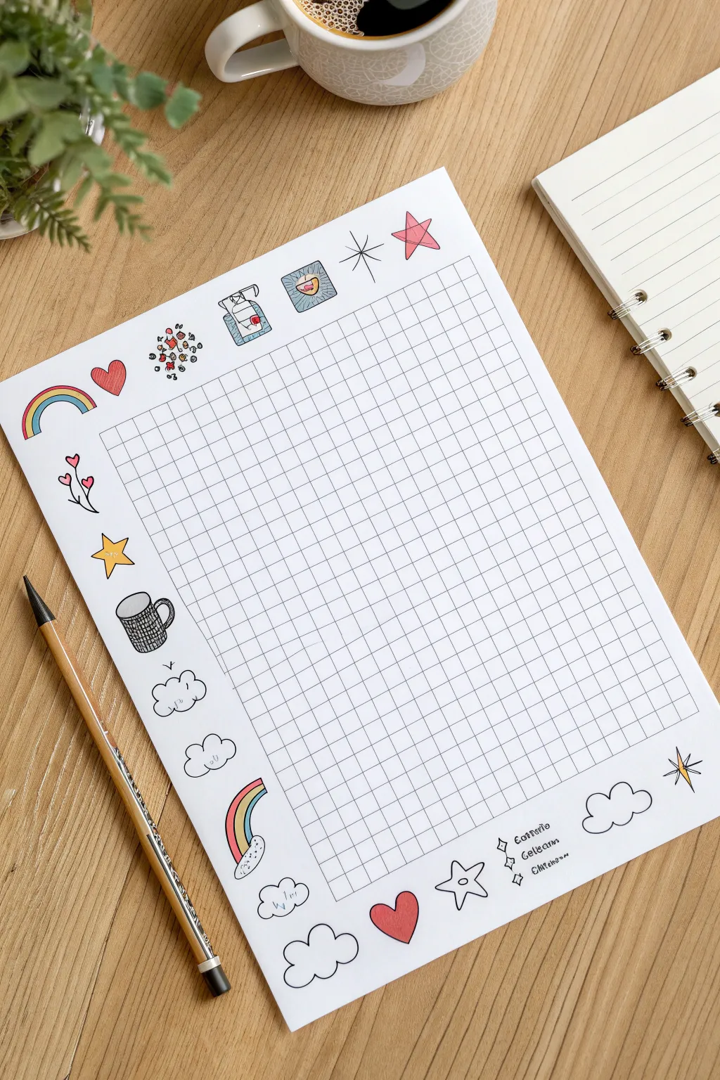 Sticker-style doodle grid to spark beginner drawing ideas, clean lines and bold color pops