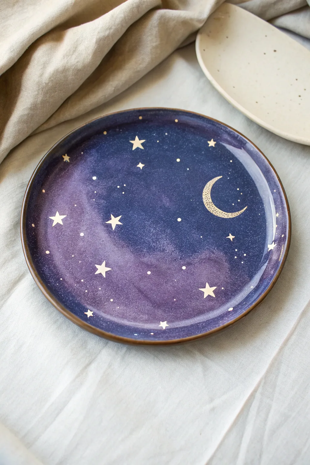 Bold galaxy plate in deep blues and purples with star splatter and a simple crescent moon