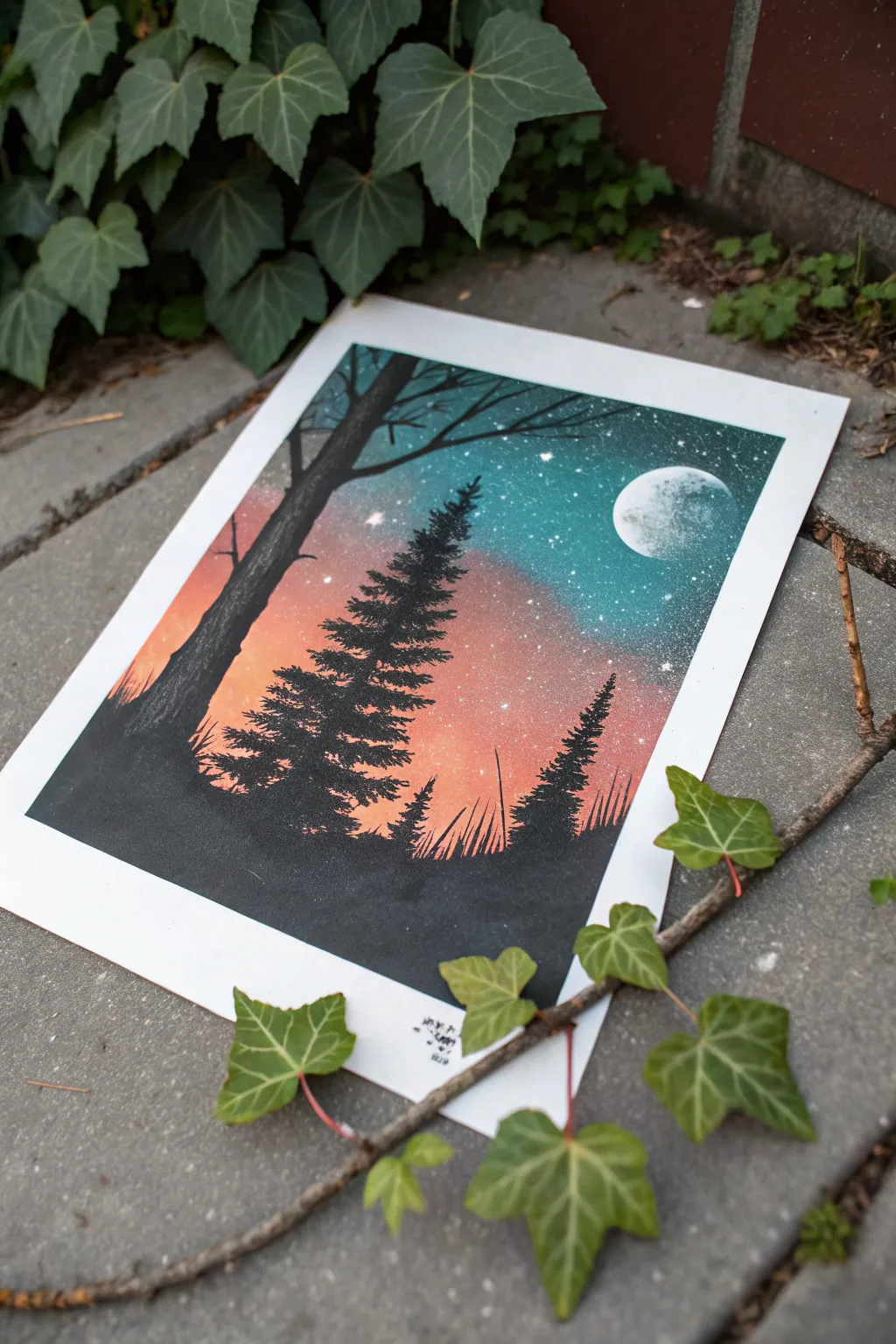 Easy layered stencil spray paint scene: trees, moon, and a bold branch for instant depth.