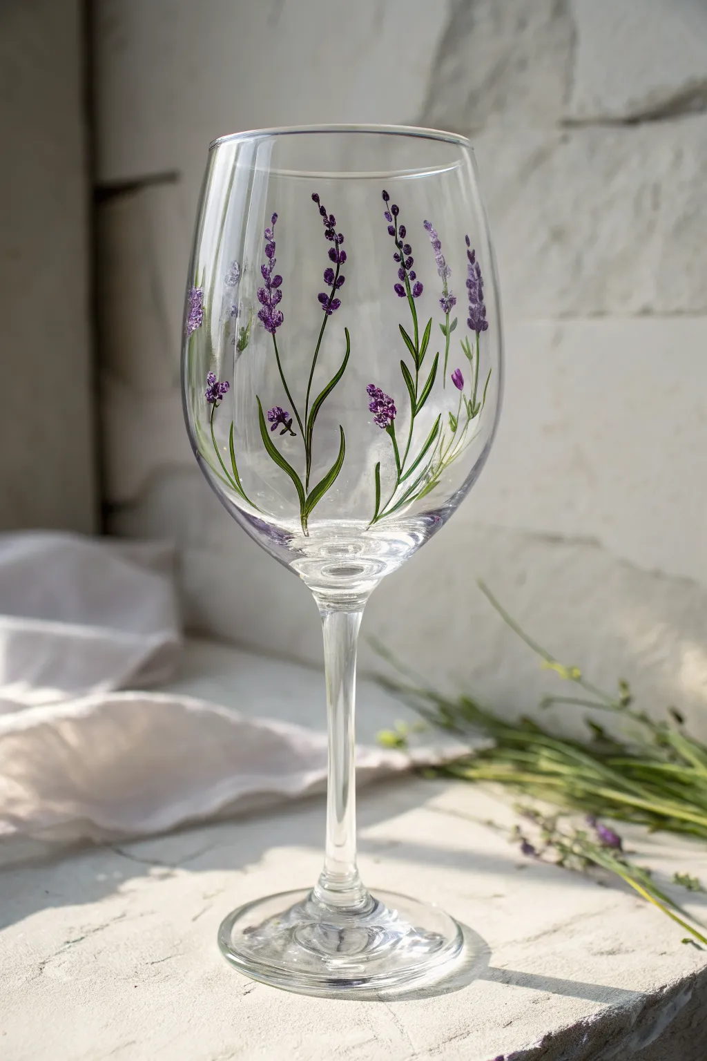 Beginner-friendly lavender sprigs on a wine glass, minimalist Scandinavian boho with crisp contrast.