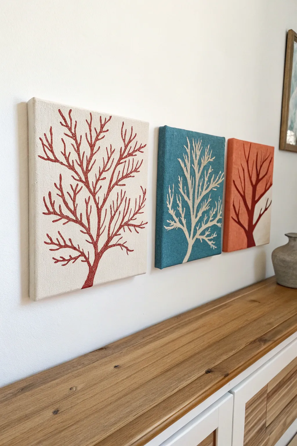 Easy beginner triptych: abstract coral branches in three coordinating colors for a modern boho wall.
