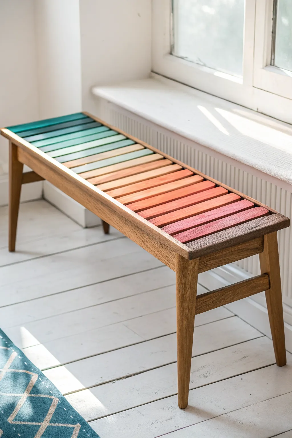 Silky ombre bench seat fades from coral to teal for a bold yet calm Scandinavian look