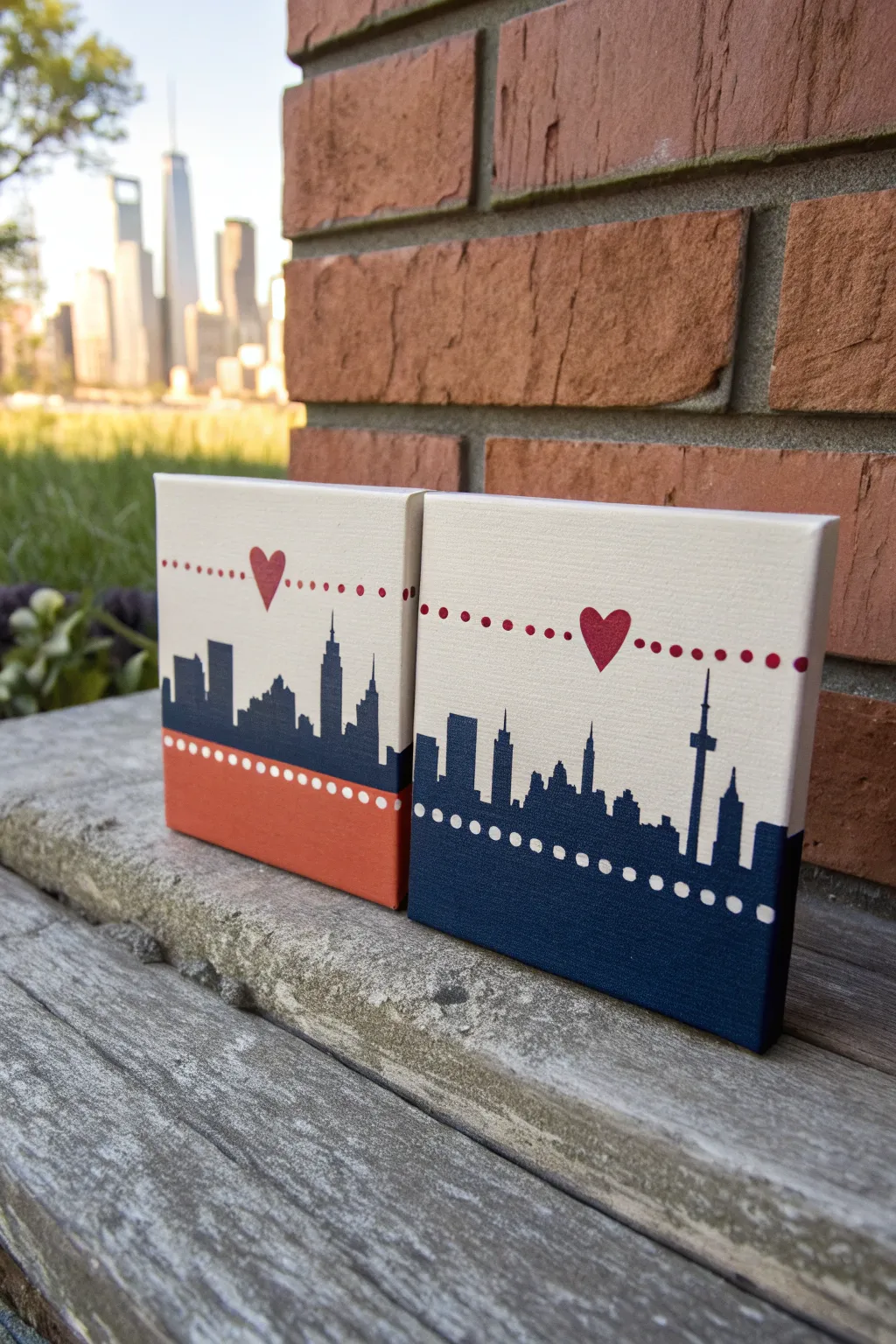 Two cities, one friendship: a minimalist long-distance skyline diptych with a heart-connecting line.
