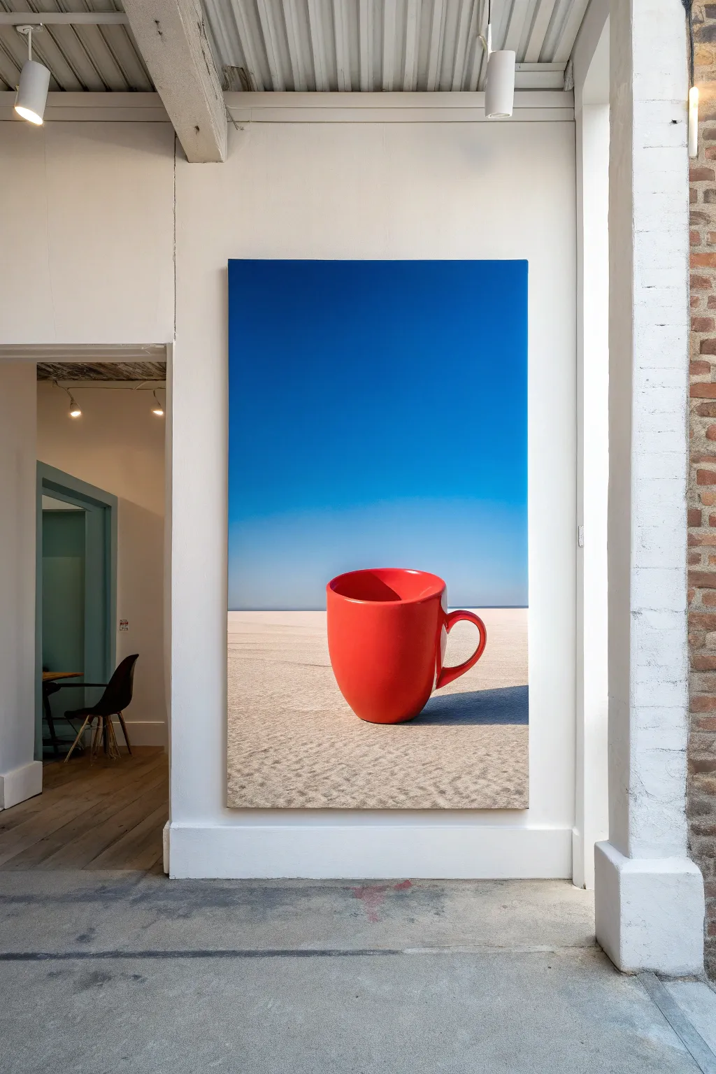 Giant surreal mug canvas on a blank wall, bold ultramarine and coral for instant wow-factor.