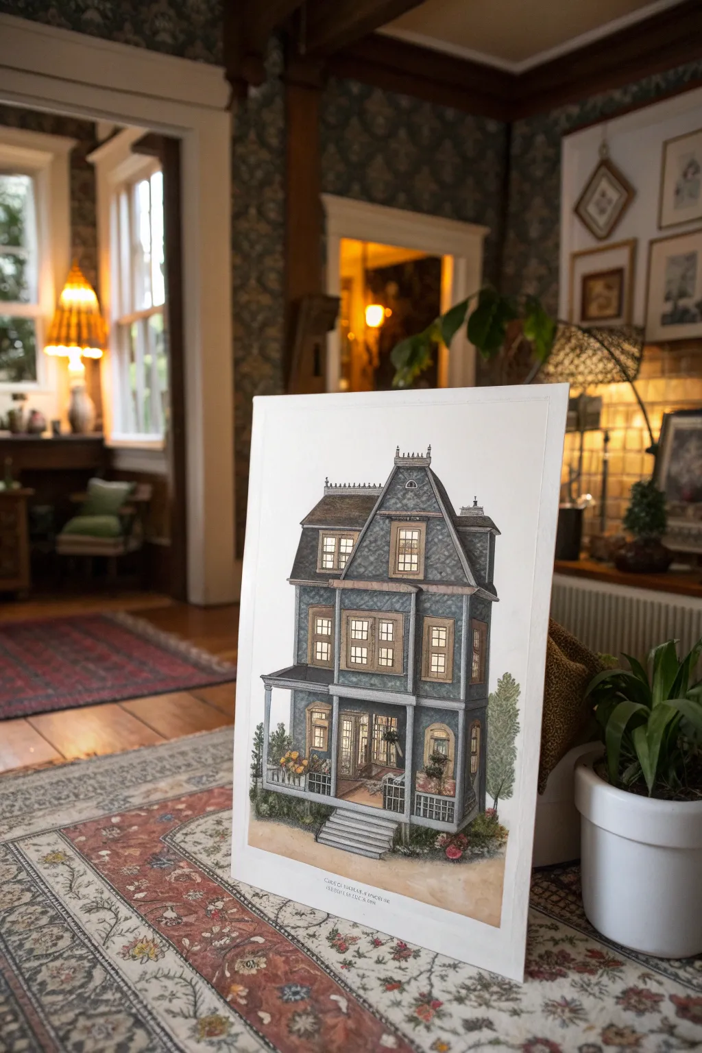 Peek inside a moody old house cutaway with stacked rooms, bold colors, and minimalist detail.