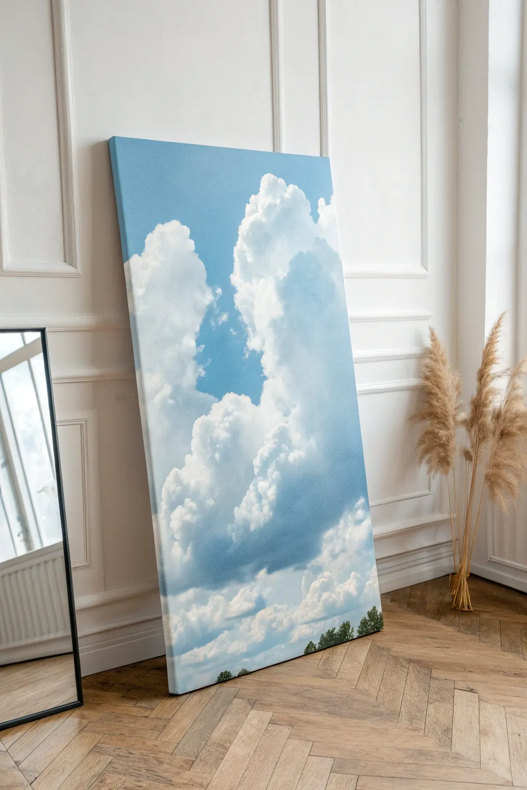 Easy sponge-dab cloudscape: crisp texture, soft sky gradients, bold contrast, minimalist vibe