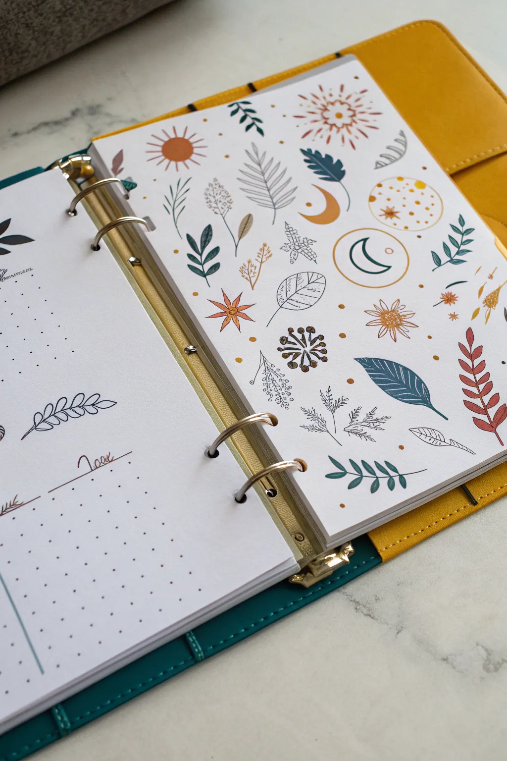 Split-page binder art: bold doodles on one side, clean white space on the other for calm contrast.