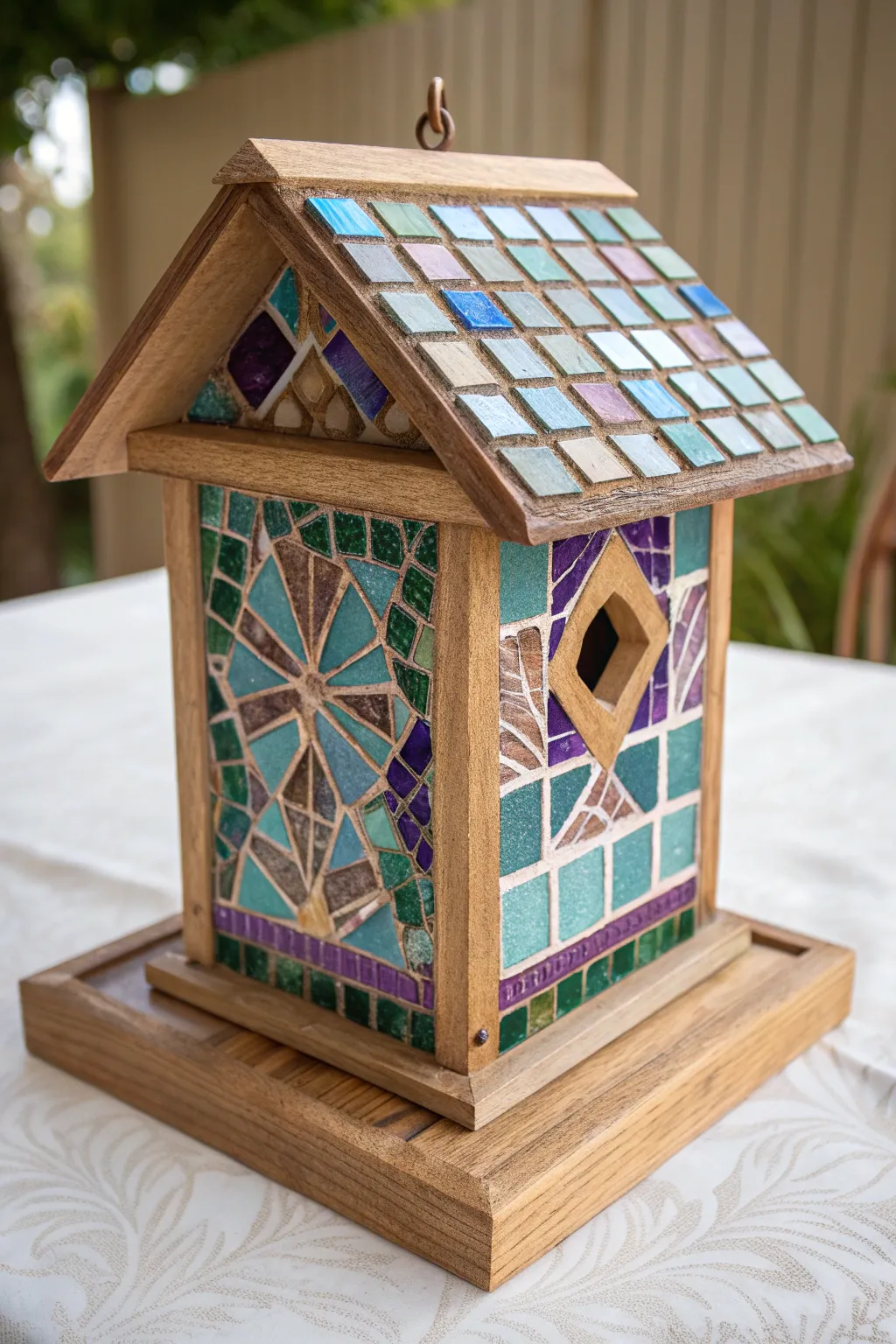 Jewel-toned faux mosaic bird feeder with crisp grout lines for a bold handcrafted look.