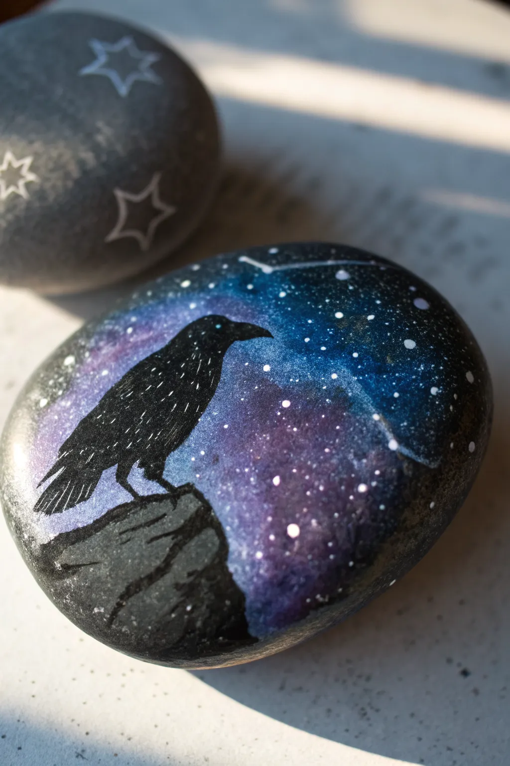 DIY night raven rock: bold galaxy swirls, star speckles, and moody minimal styling.