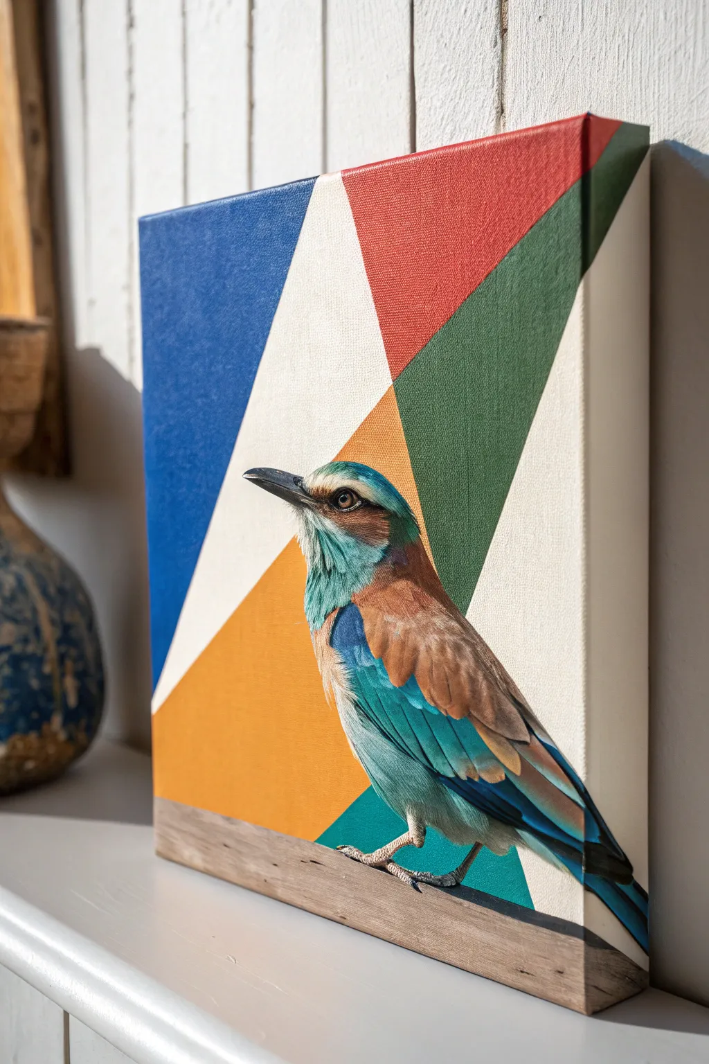 Surreal bird built from playful geometric shapes, bold colors, and clean Scandinavian minimalism.