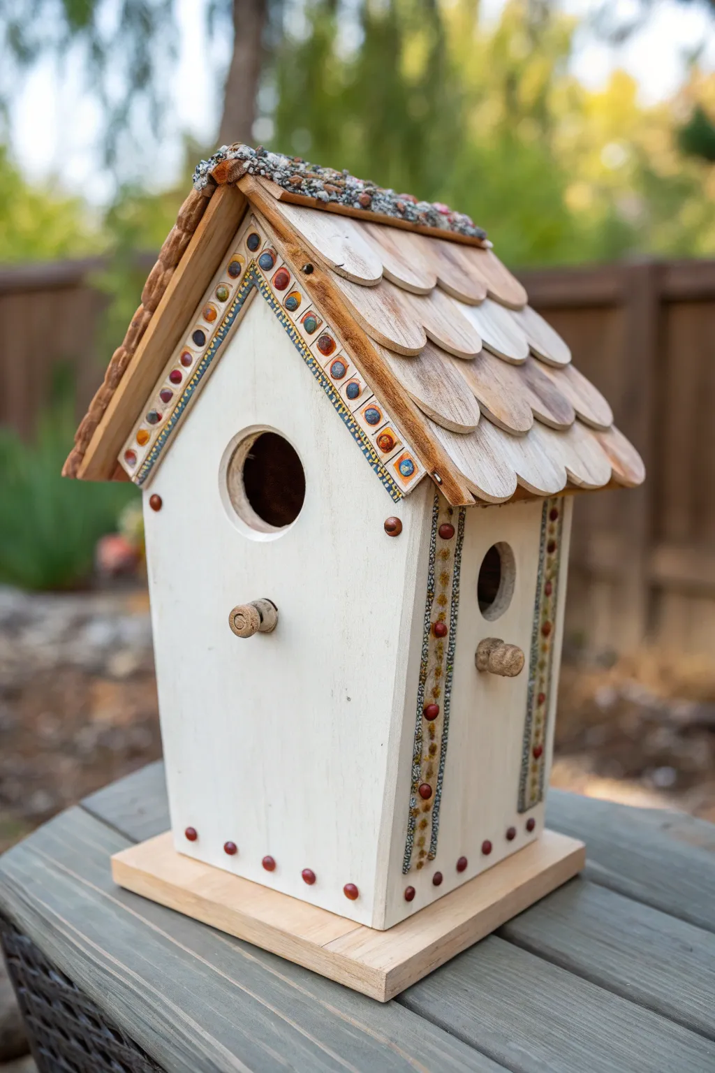 Mixed-media birdhouse with a glossy 3D tile roof and painted underlayers in bold minimal style