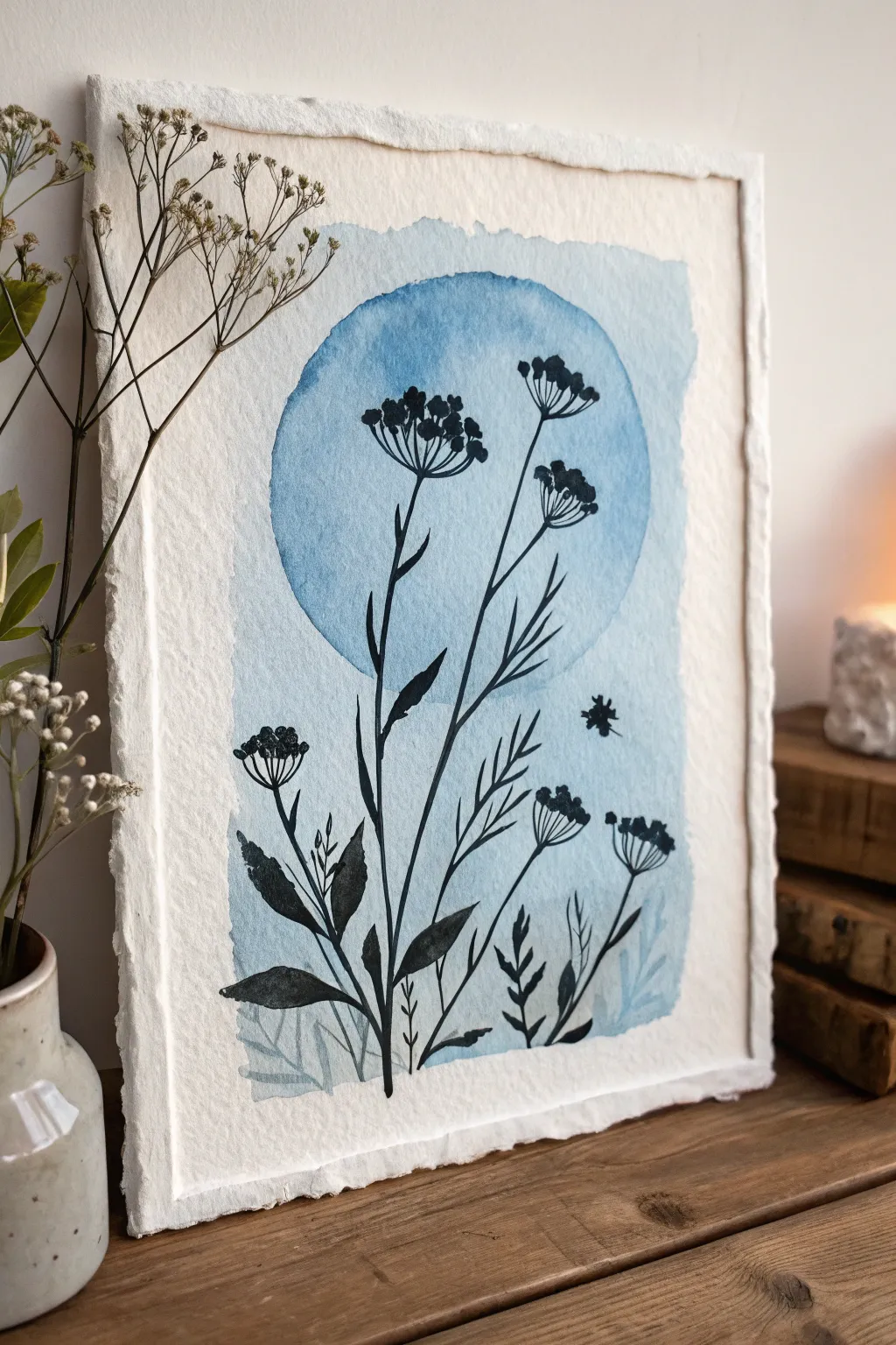 Moonlit blue wash with bold black floral silhouettes for an elegant minimalist boho vibe