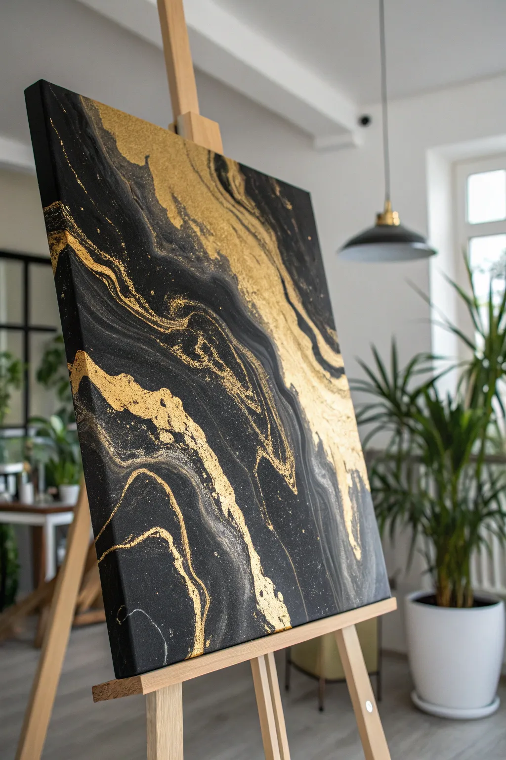 Black and gold fluid bloom painting with glossy gold pools and soft, cellular transitions.