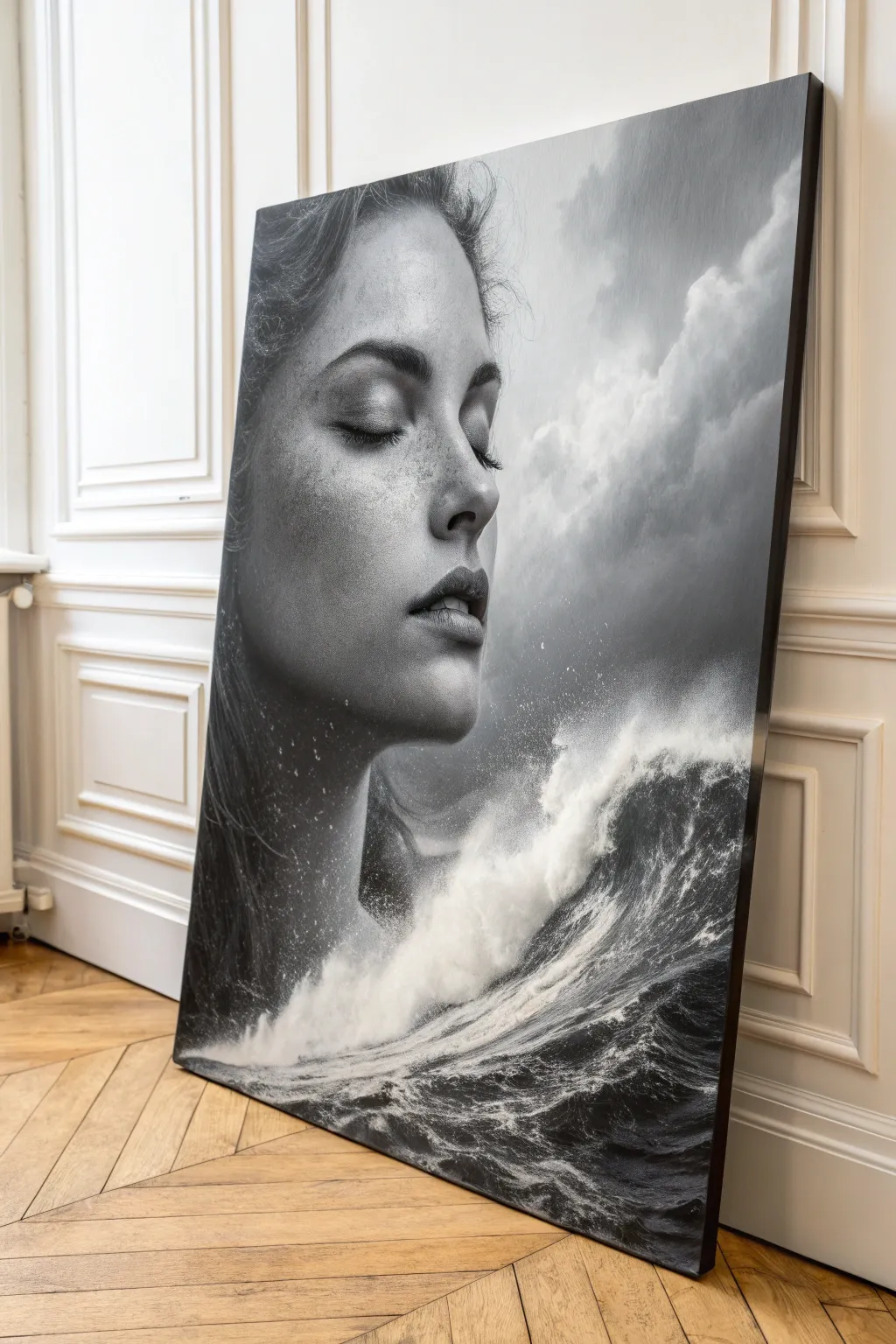 Dreamy black and white portrait melting into clouds for a minimalist, surreal statement piece.