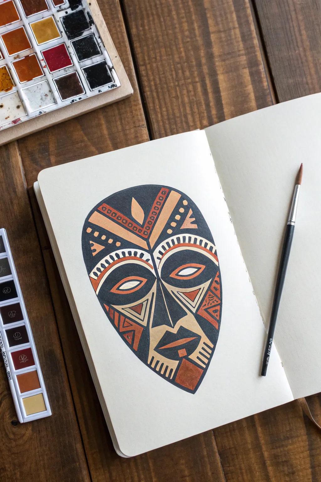Geometric mask drawing in bold color blocks, minimalist-boho style for Black History Month.