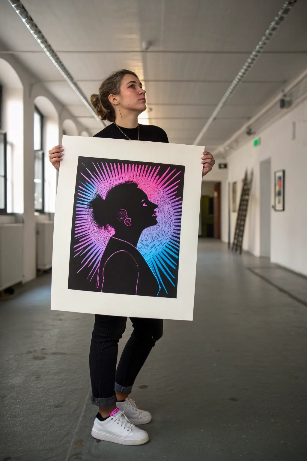 Matte black silhouette with a UV neon glow burst halo for bold, minimalist black light art.