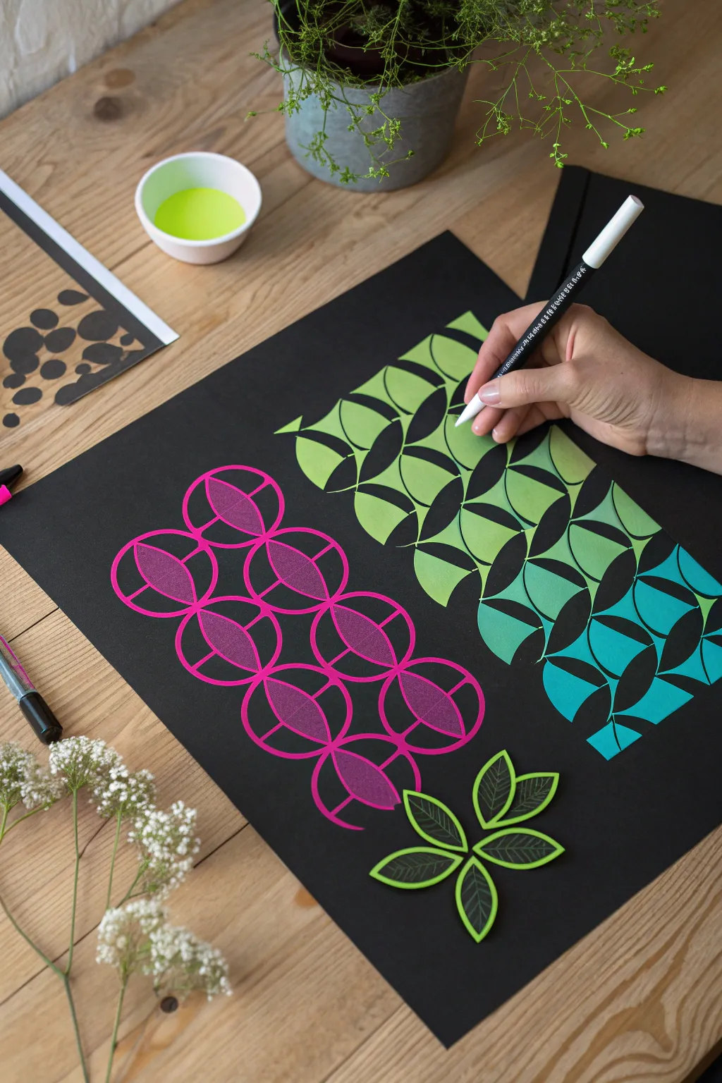 Peel back the stencil to reveal crisp neon UV layers and clean shapes with boho minimalism.