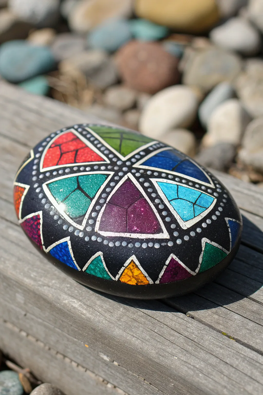 Faux stained-glass rock art with bold white outlines and rich jewel colors on deep black stone.