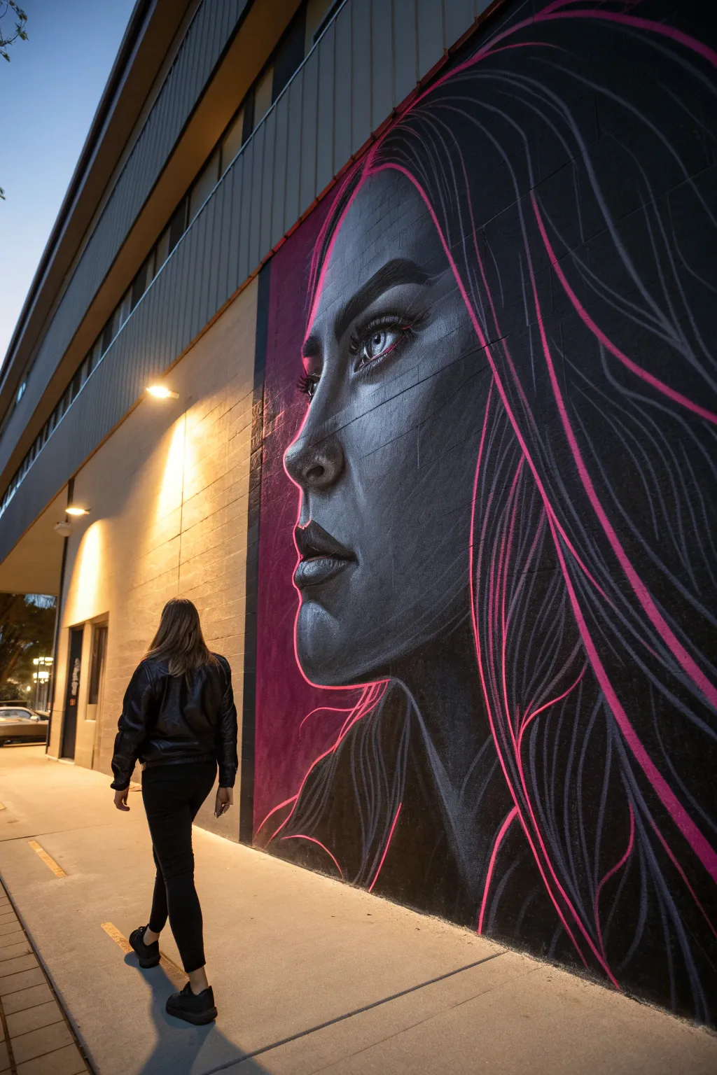 Dramatic blacklight portrait mural with neon UV edges for a bold, minimalist-boho statement wall