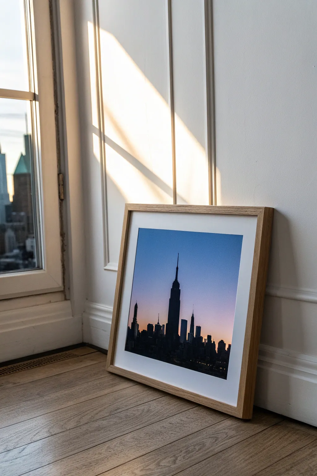 City skyline silhouette in cobalt-to-periwinkle blue hour tones, minimal yet striking.