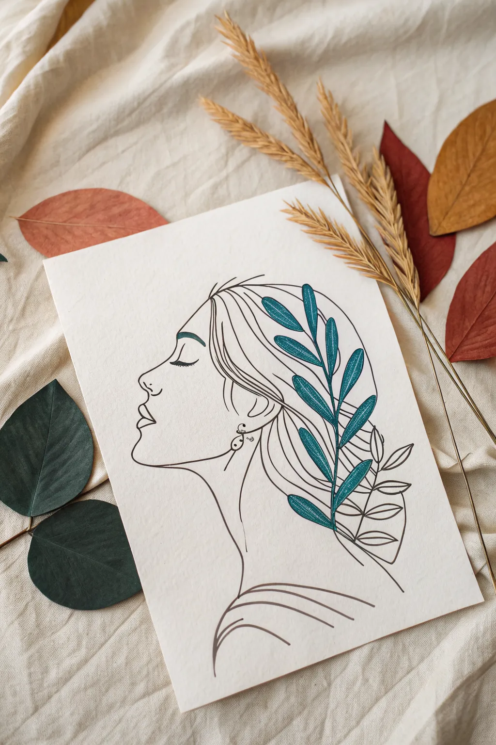 Easy boho line art: one-line woman profile with leafy accents and bold organic shapes.