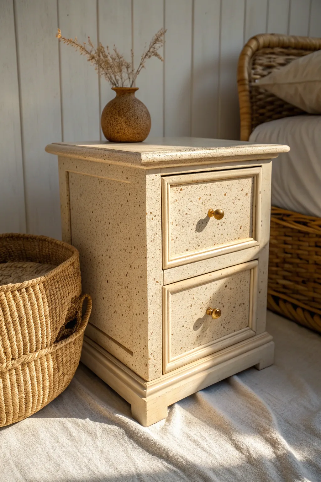 Desert-inspired speckled paint nightstand in warm sand tones with minimalist boho charm