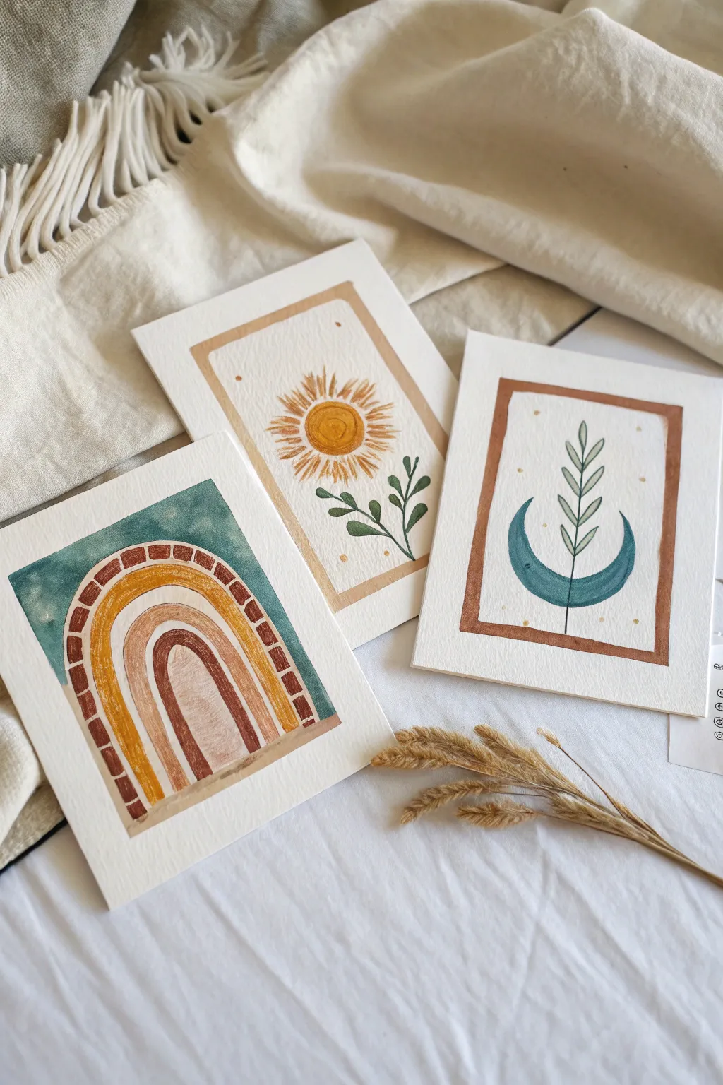Mini boho trio: arches, sun and moon, and botanicals in earthy tones for an easy gallery set.