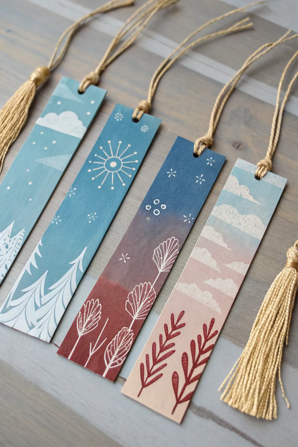 Series set of four acrylic bookmarks, matching palette with boho tassels and clean Nordic contrast.
