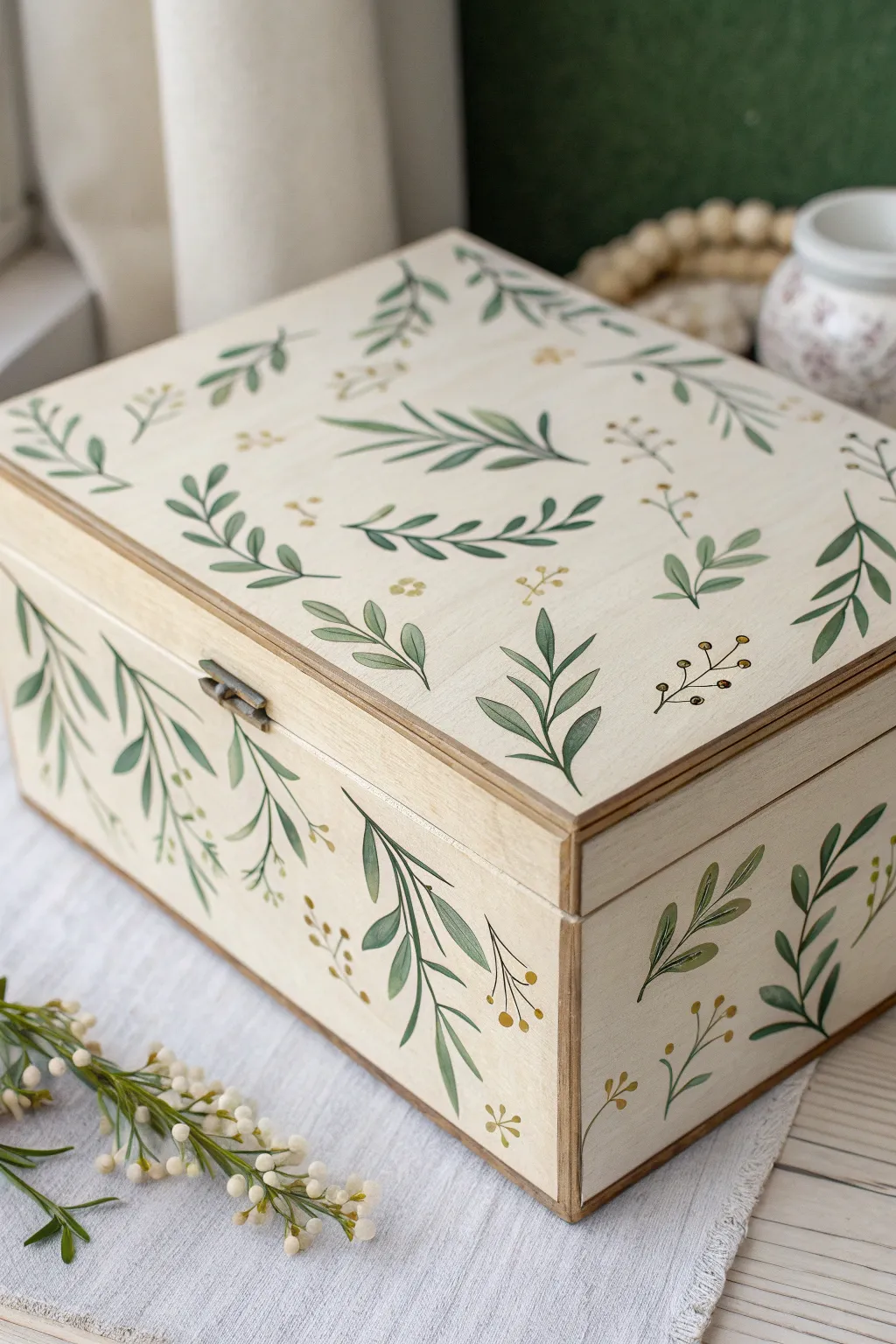 Vine and tiny leaf wraparound box painting, slightly open for a seamless finished look