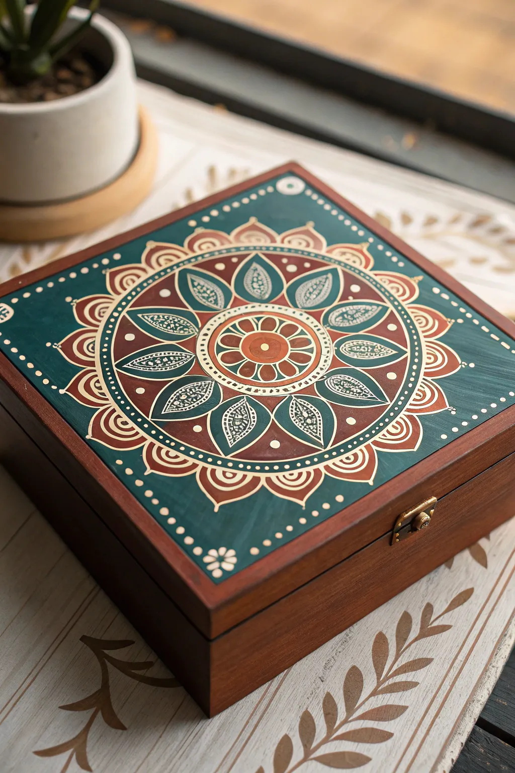 Calm dot mandala on a painted box lid, paired with tidy tools for mindful DIY vibes.